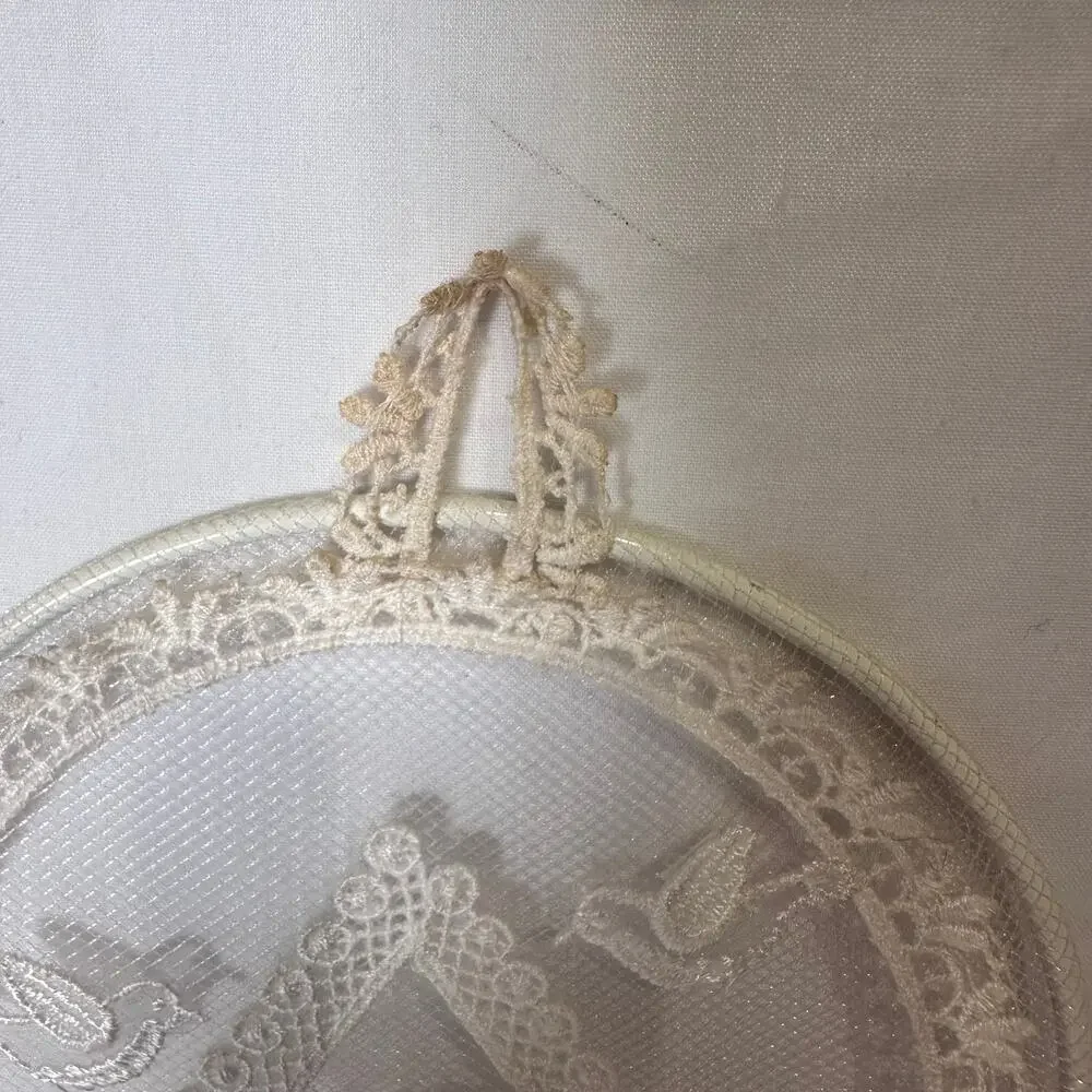 Vintage Hand Embroidered White Lace Plaque Birdhouse Window Shaped Frame Decor